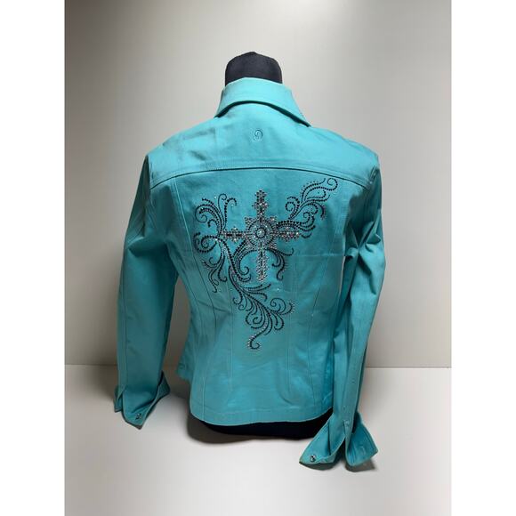 Christine Alexander Jacket Blazer Women’s M Teal Rhinestone Embellished Bling - Picture 4 of 12